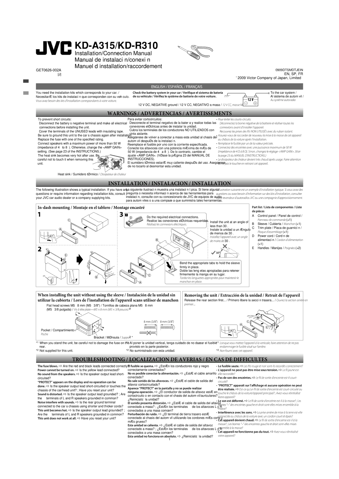 JVC KD-A315, KD-R310 manual In-dash mounting / Montaje en el tablero / Montage encastré 