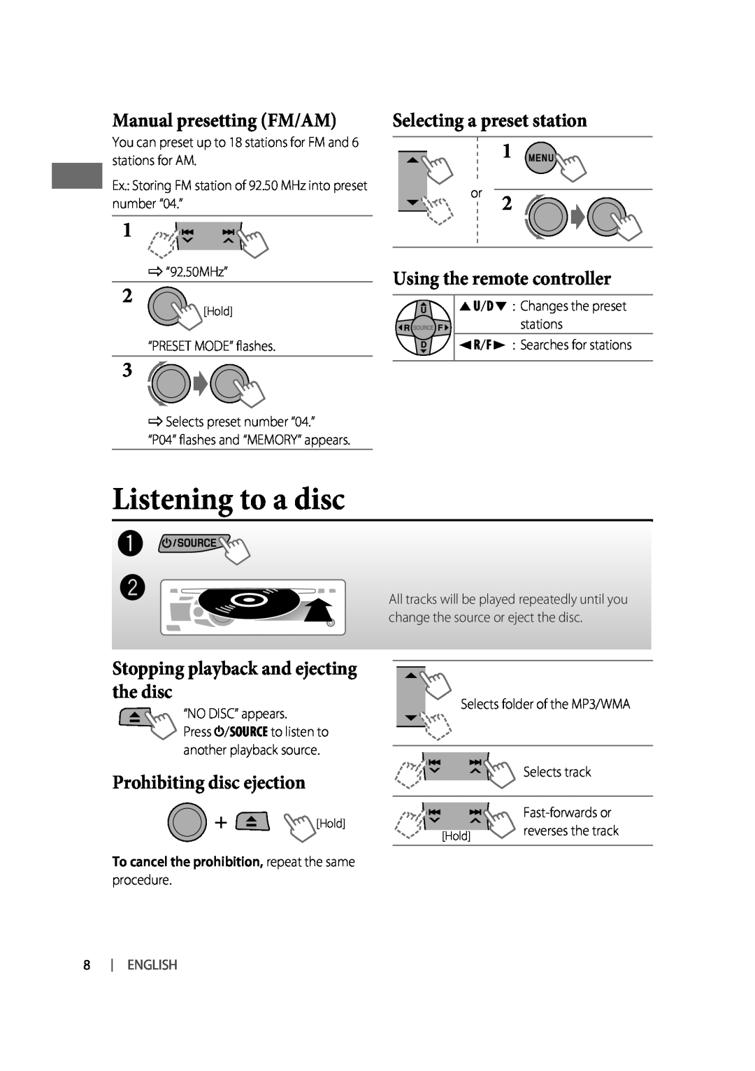 JVC KD-R310, KD-A315 manual Listening to a disc, English 