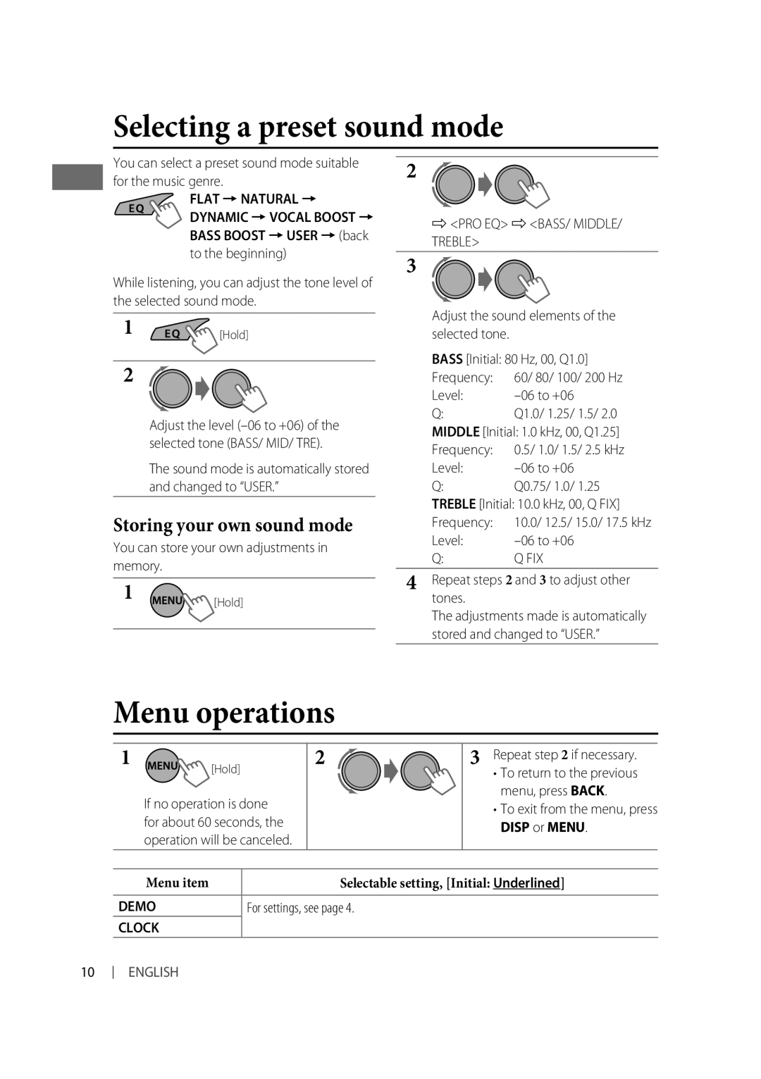 JVC KD-R325, KD-R326 manual Selecting a preset sound mode, Menu operations, Storing your own sound mode 