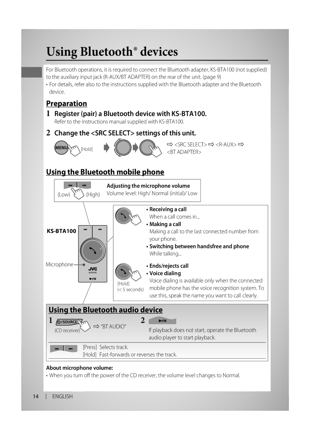 JVC KD-R325, KD-R326 manual Using Bluetooth devices 