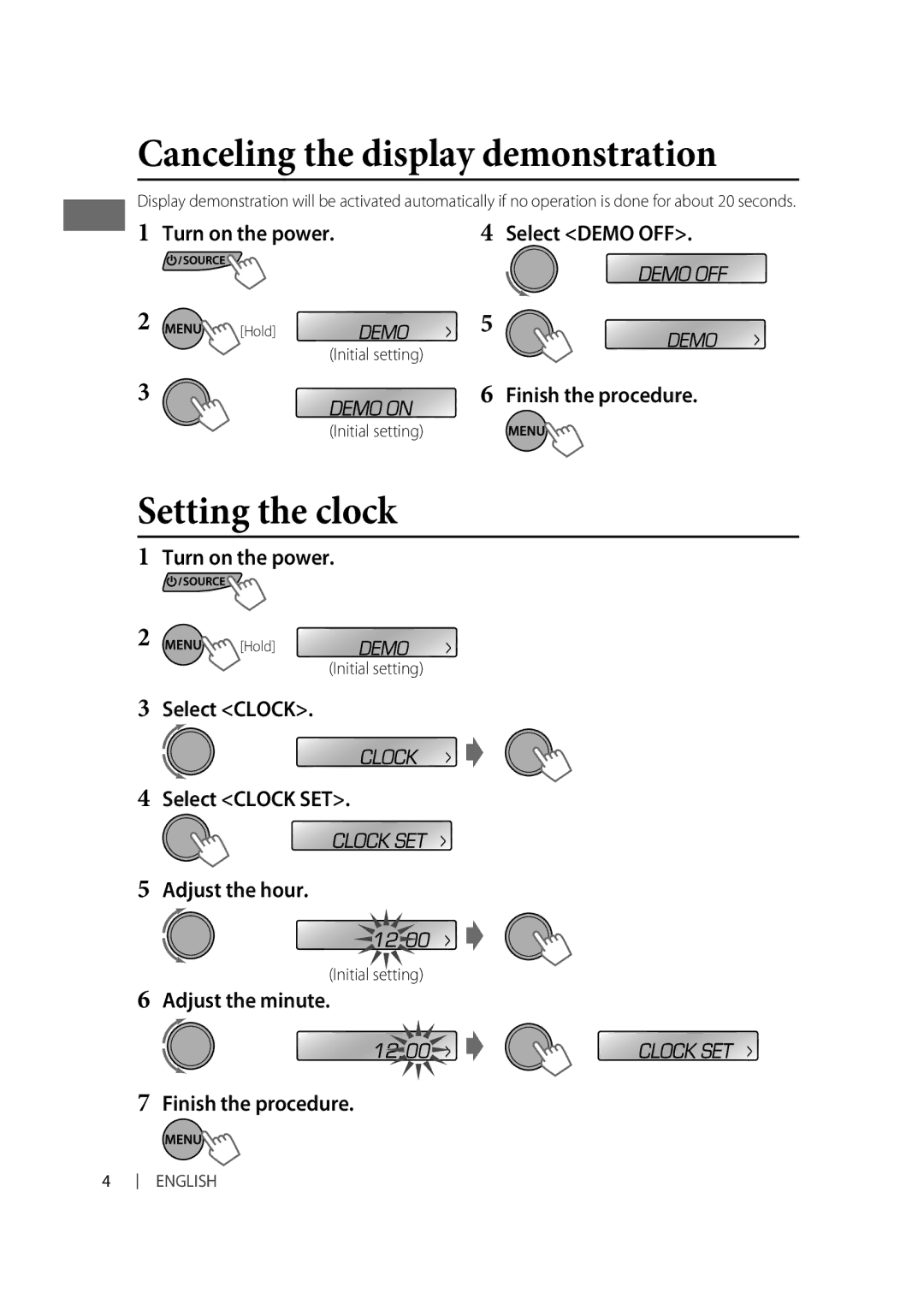 JVC KD-R325, KD-R326 manual Canceling the display demonstration, Setting the clock, Initial setting 