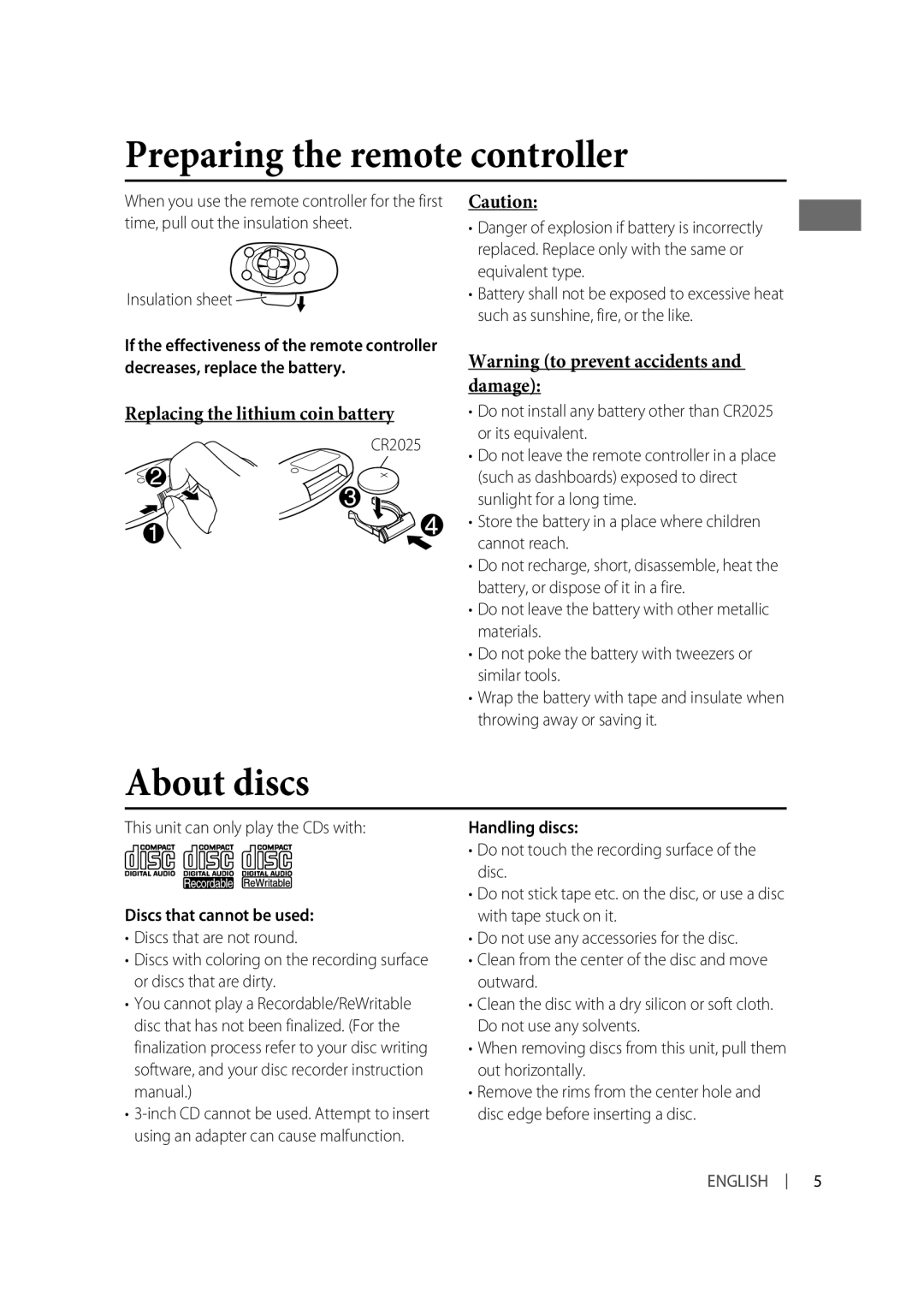 JVC KD-R326, KD-R325 manual Preparing the remote controller, About discs, Discs that cannot be used, Handling discs 