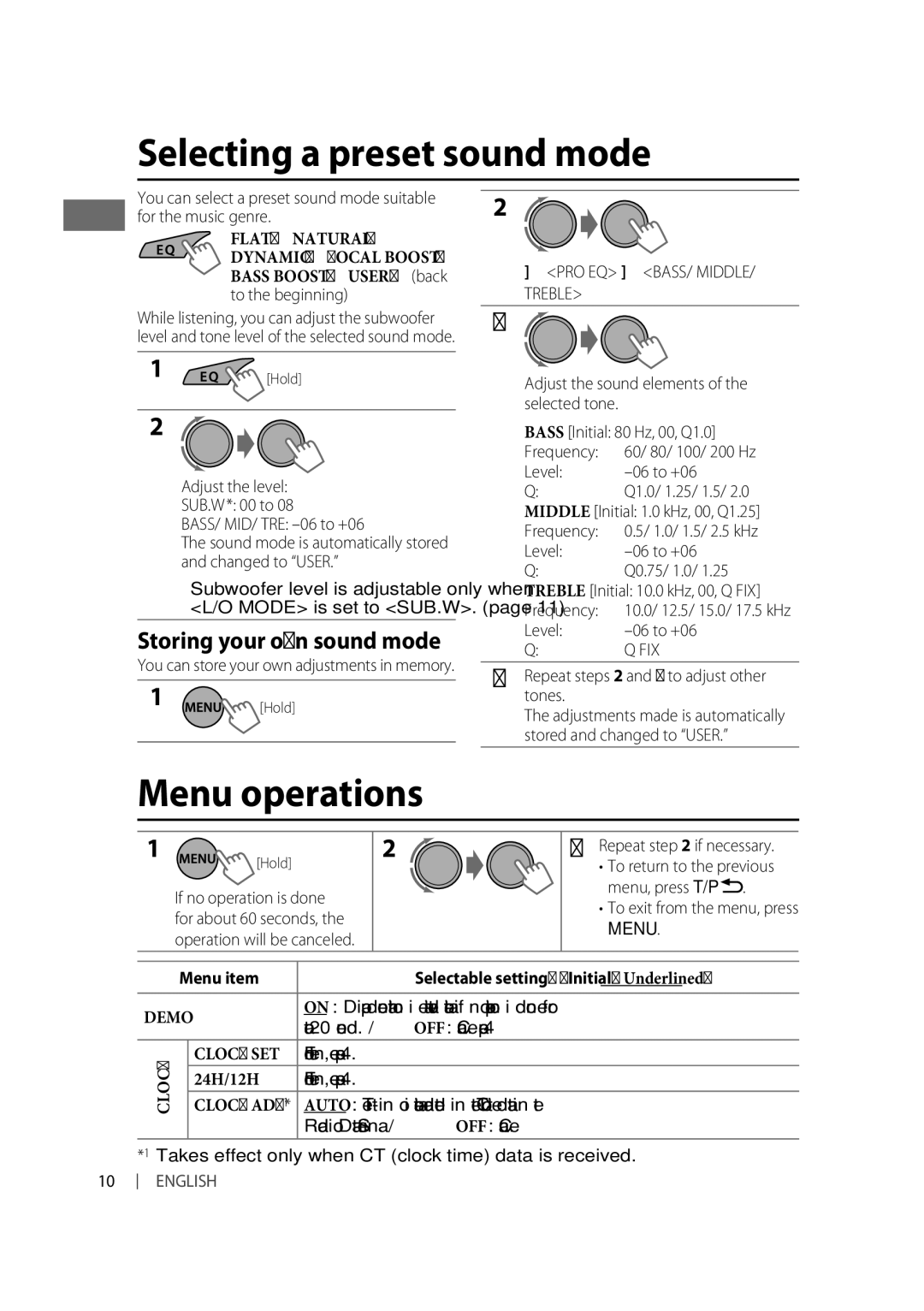 JVC KD-R332, KD-R331 manual Selecting a preset sound mode, Menu operations, Storing your own sound mode, Demo, Clock SET 