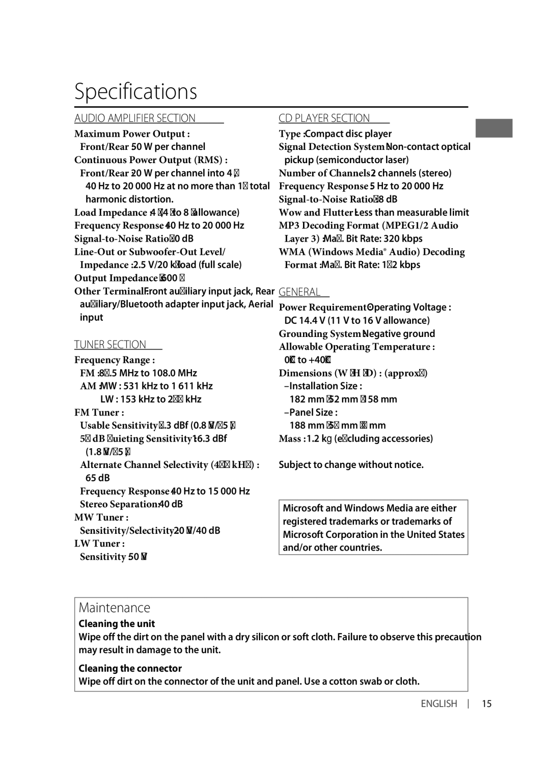 JVC KD-R331, KD-R332 manual Specifications, Maintenance, Cleaning the unit, Cleaning the connector 