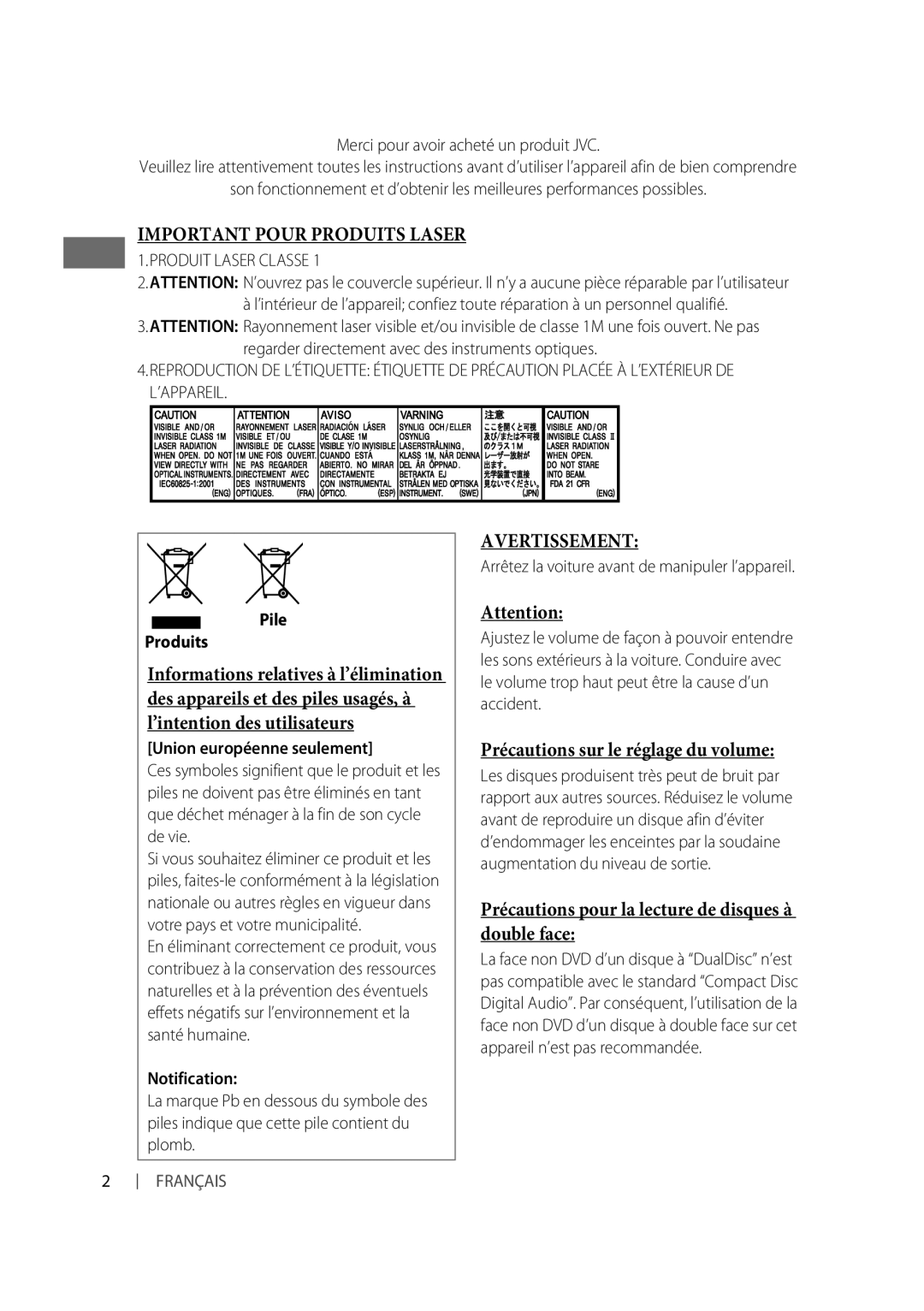 JVC KD-R332, KD-R331 manual Merci pour avoir acheté un produit JVC, Pile Produits, Union européenne seulement, Notification 