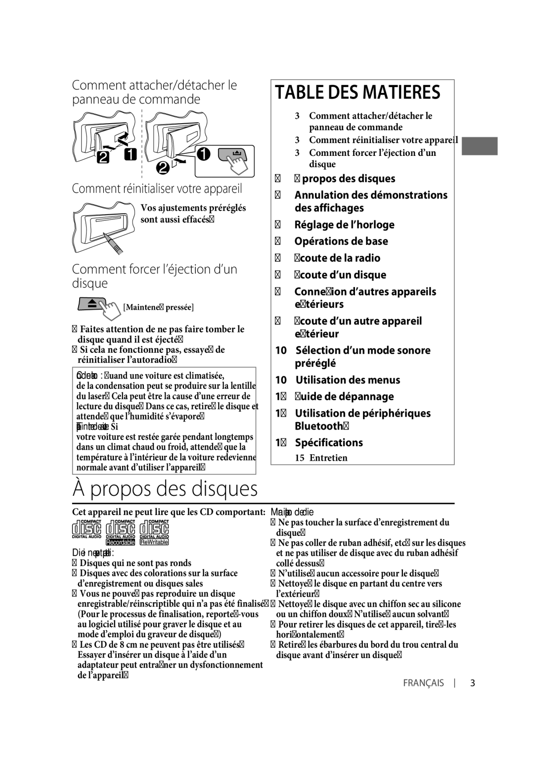 JVC KD-R331, KD-R332 manual Propos des disques, Comment forcer l’éjection d’un disque, Manipulation des disques 