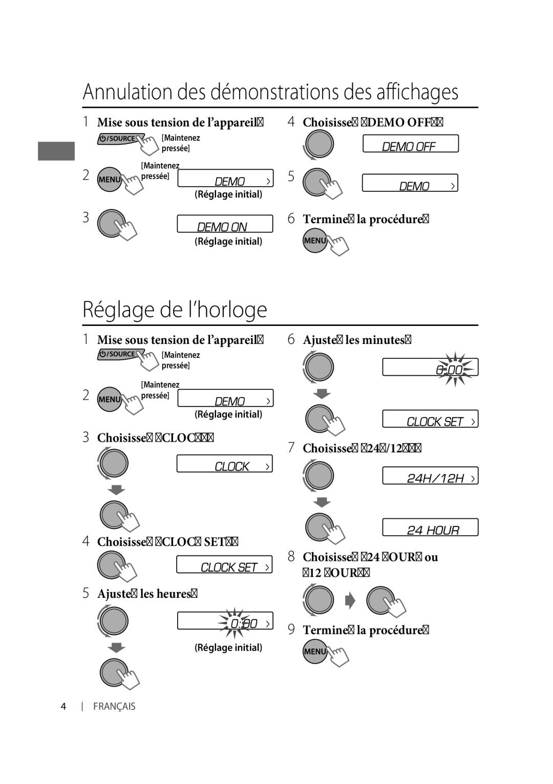 JVC KD-R332, KD-R331 manual Réglage de l’horloge, Réglage initial 