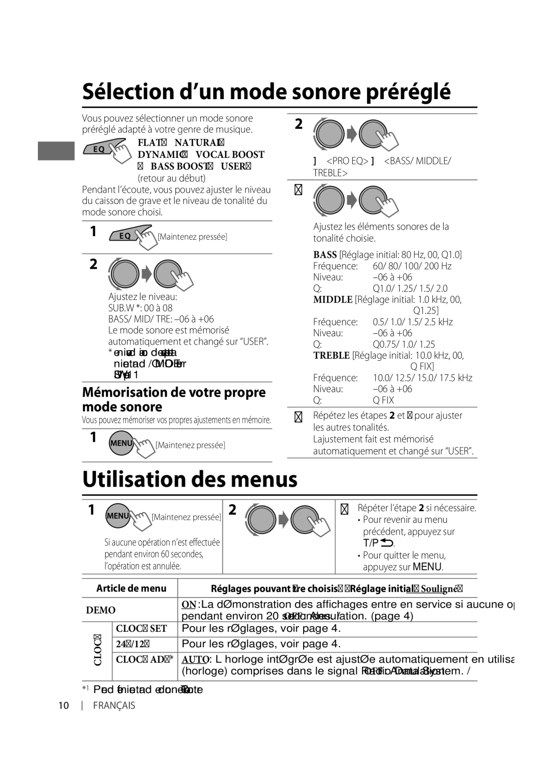 JVC KD-R332, KD-R331 Sélection d’un mode sonore préréglé, Utilisation des menus, Mémorisation de votre propre mode sonore 