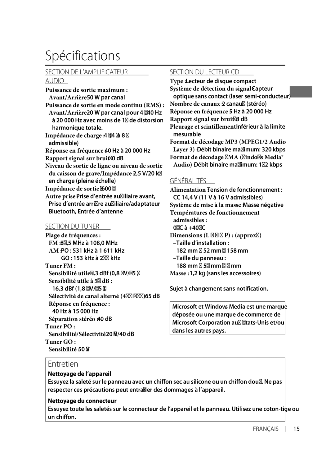 JVC KD-R331, KD-R332 manual Entretien, 16,3 dBf 1,8 μV/75 Ω, Nettoyage de l’appareil, Nettoyage du connecteur 