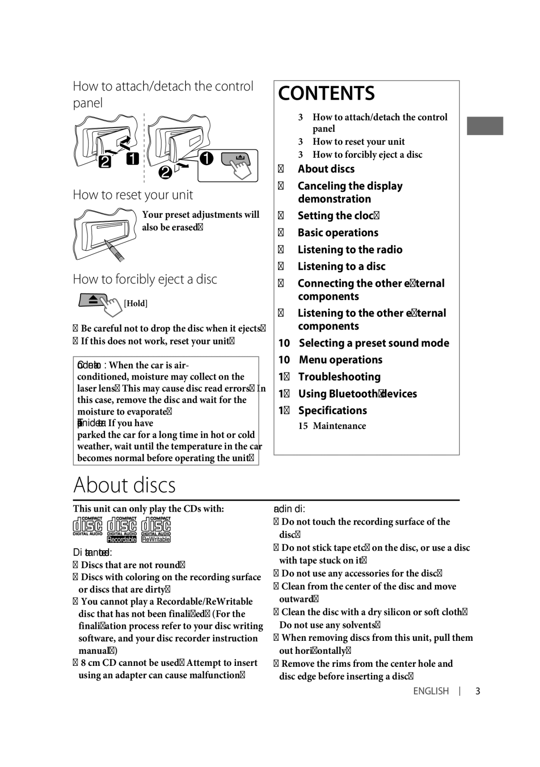 JVC KD-R331 How to forcibly eject a disc, If this does not work, reset your unit, Discs that are not round, Handling discs 