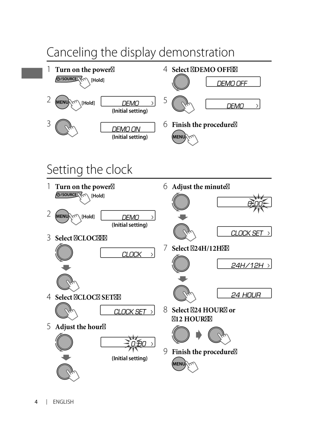 JVC KD-R332, KD-R331 manual Canceling the display demonstration, Setting the clock, Initial setting 