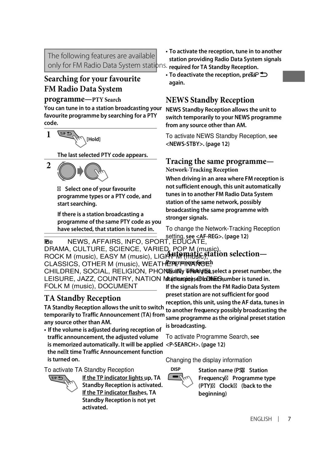 JVC KD-R331, KD-R332 TA Standby Reception, News Standby Reception, Tracing the same programme, Automatic station selection 