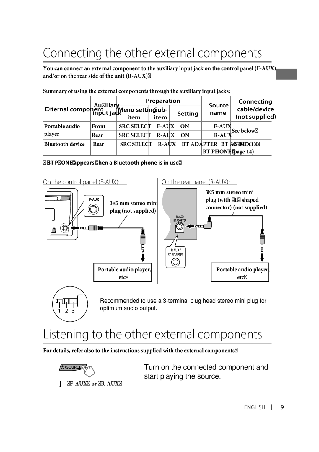 JVC KD-R331, KD-R332 manual Connecting the other external components, Listening to the other external components 