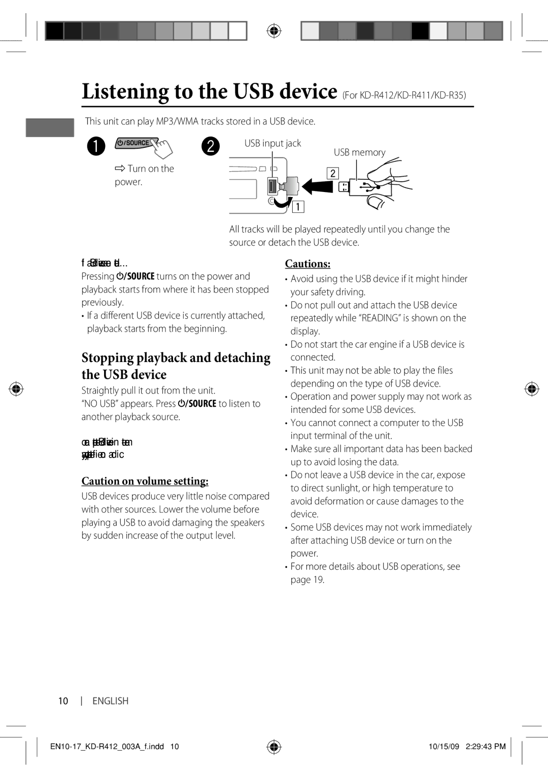 JVC KD-R312 Listening to the USB device For KD-R412/KD-R411/KD-R35, Stopping playback and detaching the USB device 