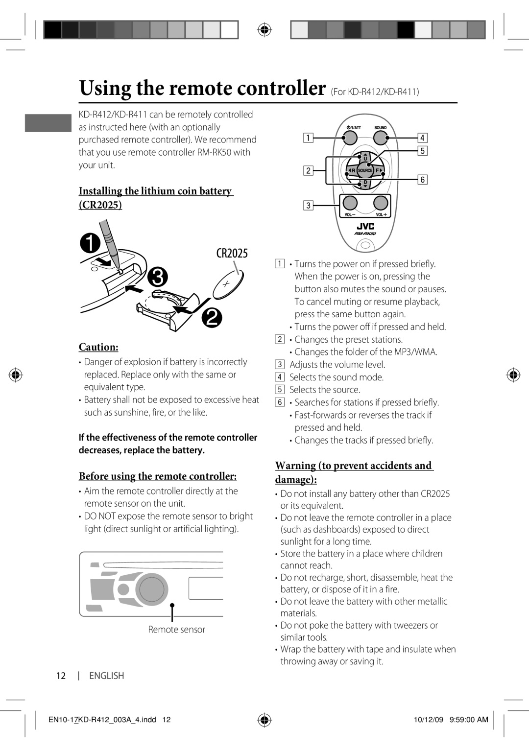 JVC KD-R311 Using the remote controller For KD-R412/KD-R411, Installing the lithium coin battery CR2025, Remote sensor 