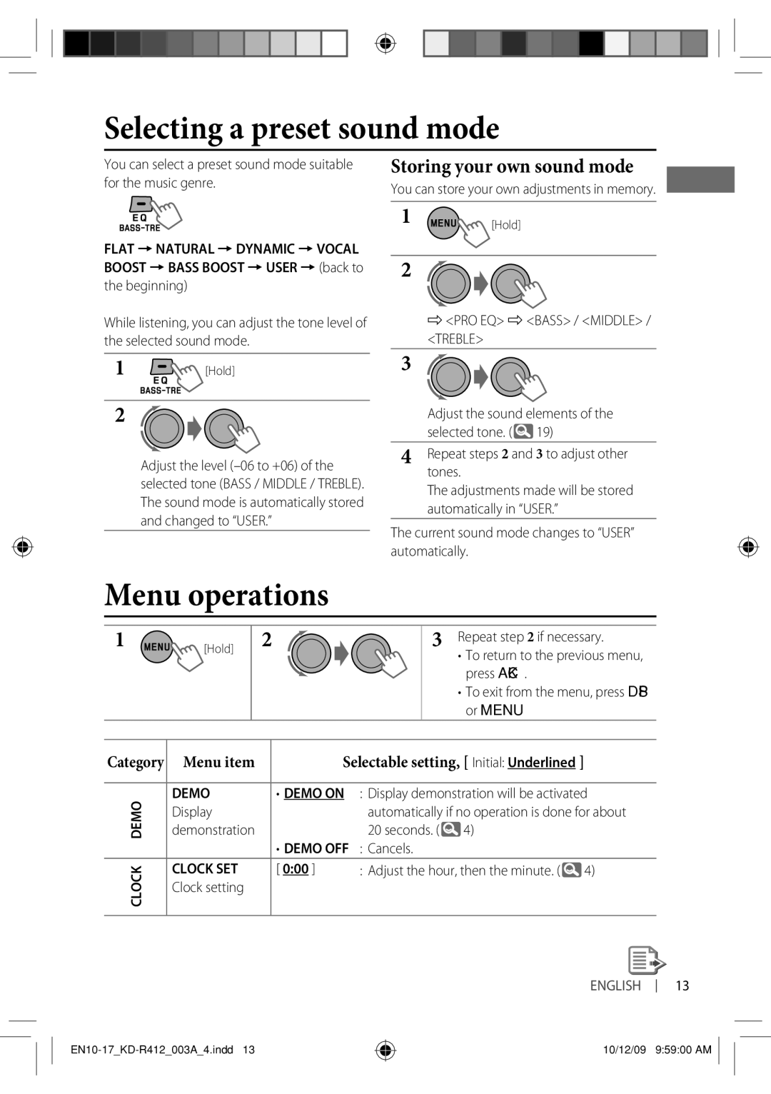 JVC KD-R411, KD-R412, KD-R312, KD-R35 Selecting a preset sound mode, Menu operations, Storing your own sound mode, Menu item 