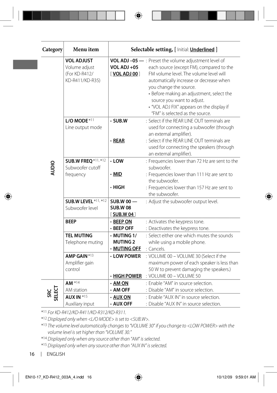 JVC KD-R312 manual Volume adjust, For KD-R412, FM volume level. The volume level will KD-R411/KD-R35, You change the source 