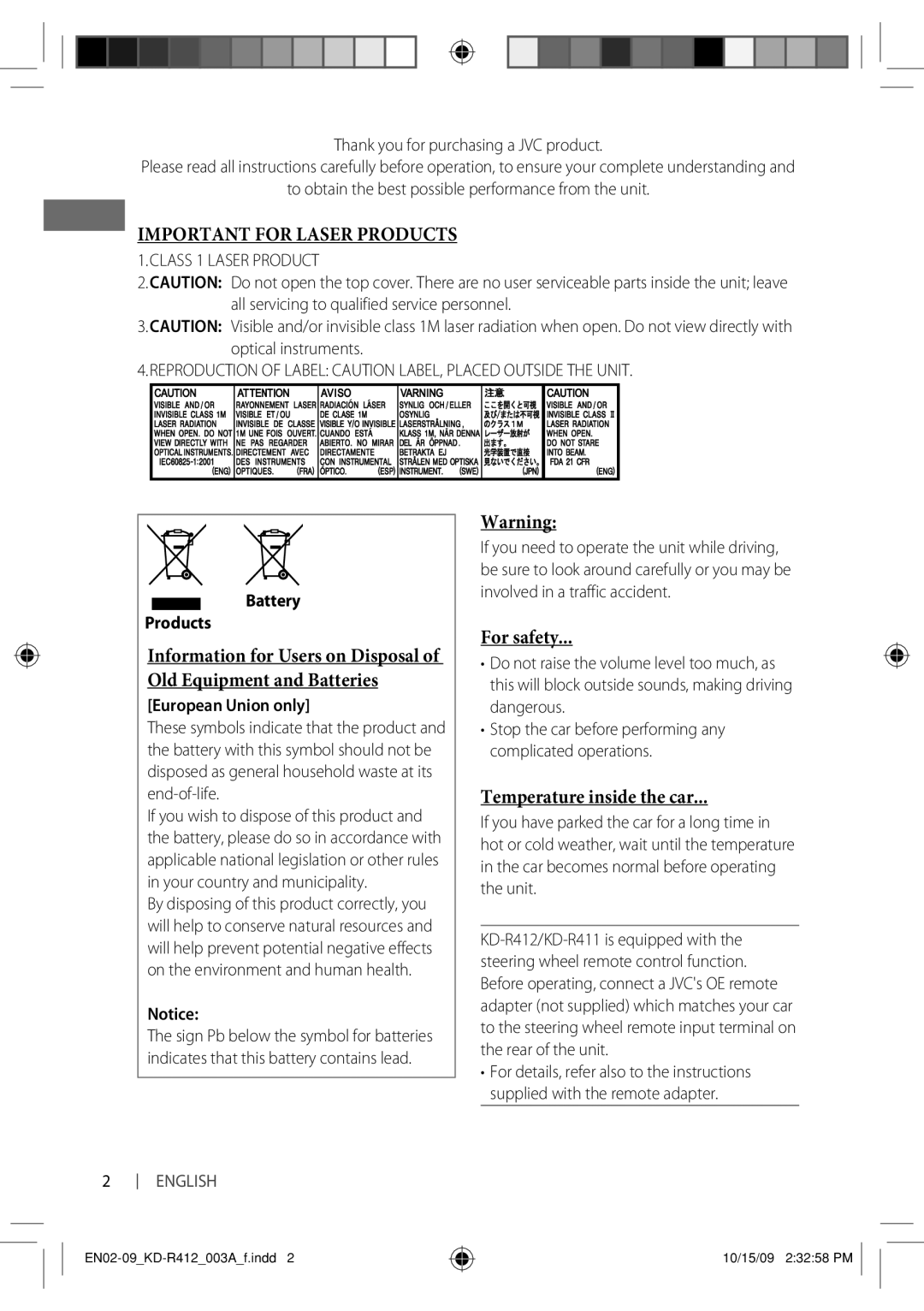 JVC KD-R311, KD-R412, KD-R312, KD-R411, KD-R35 manual For safety, Temperature inside the car 