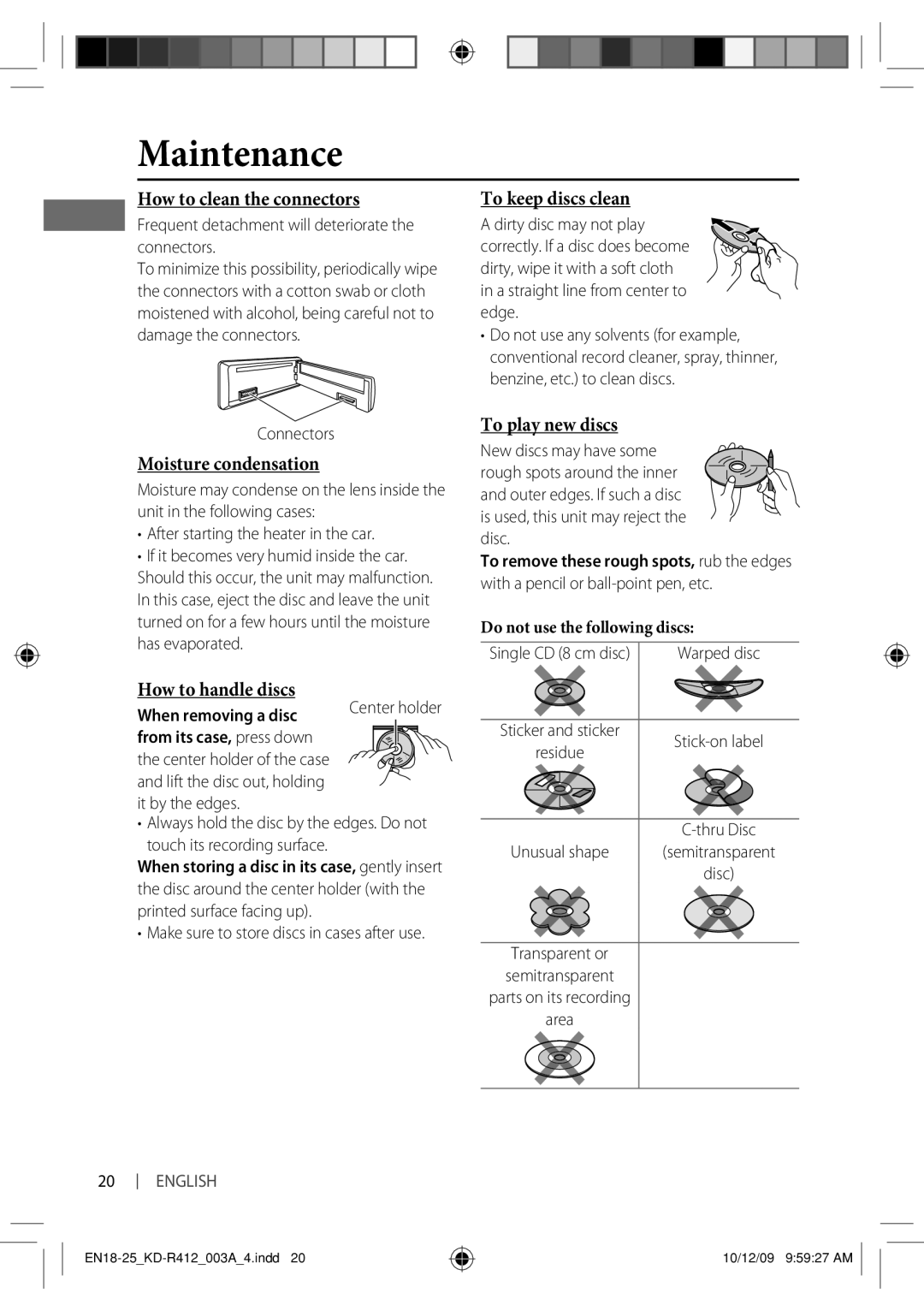 JVC KD-R412, KD-R312, KD-R311, KD-R411, KD-R35 manual Maintenance 