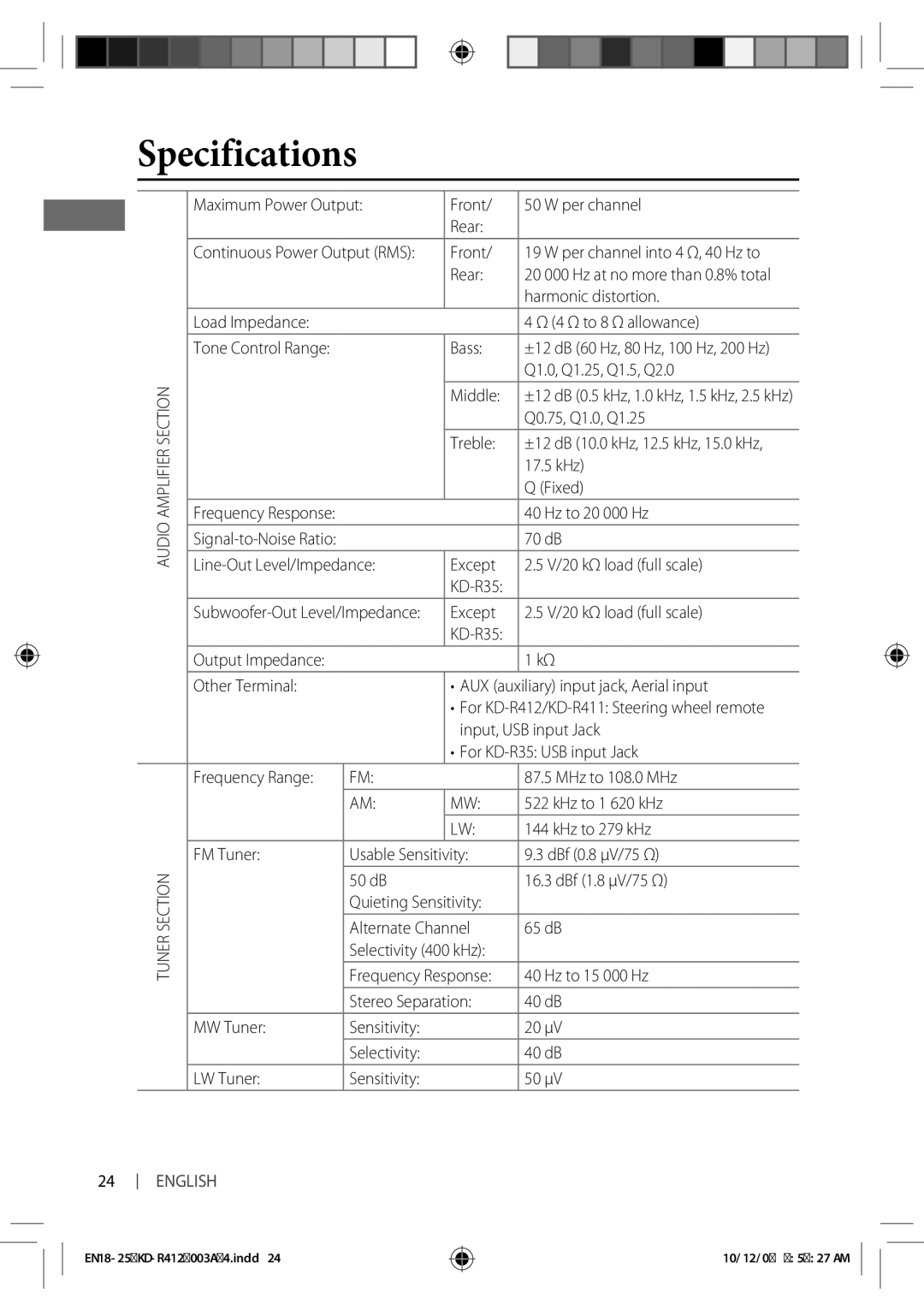 JVC KD-R35, KD-R412, KD-R312, KD-R311, KD-R411 manual Specifications 