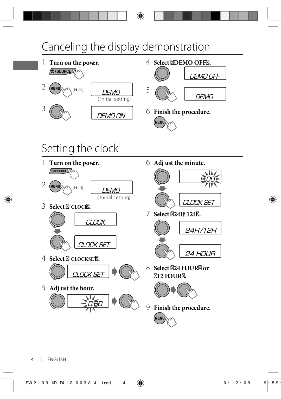 JVC KD-R35, KD-R412, KD-R312, KD-R311, KD-R411 manual Canceling the display demonstration, Setting the clock 