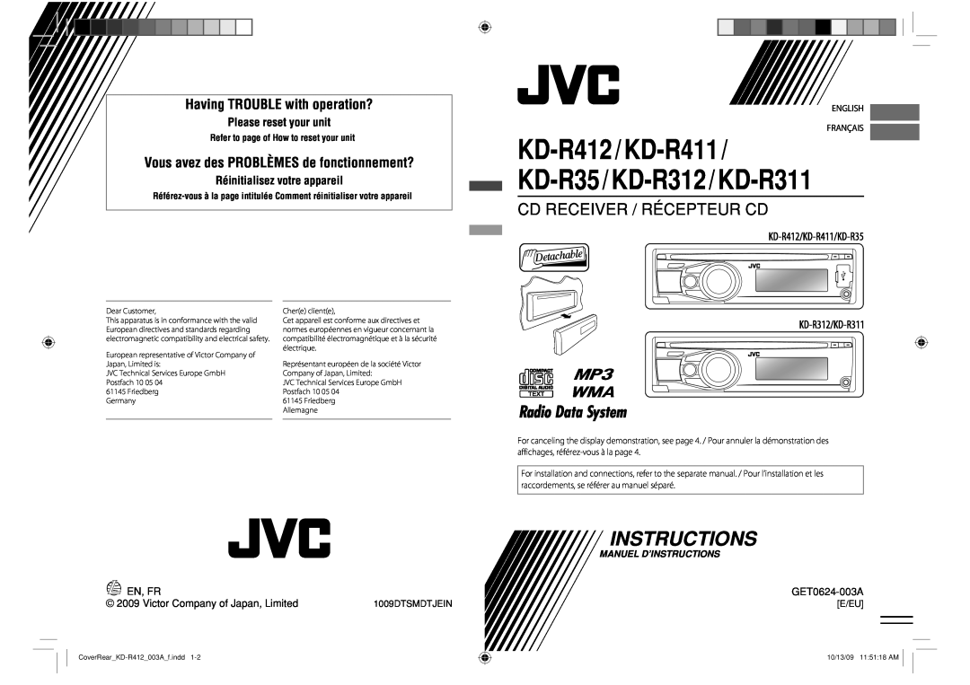 JVC manual KD-R412/KD-R411/ KD-R35/KD-R312/KD-R311, Instructions, Cd Receiver / Récepteur Cd, Please reset your unit 