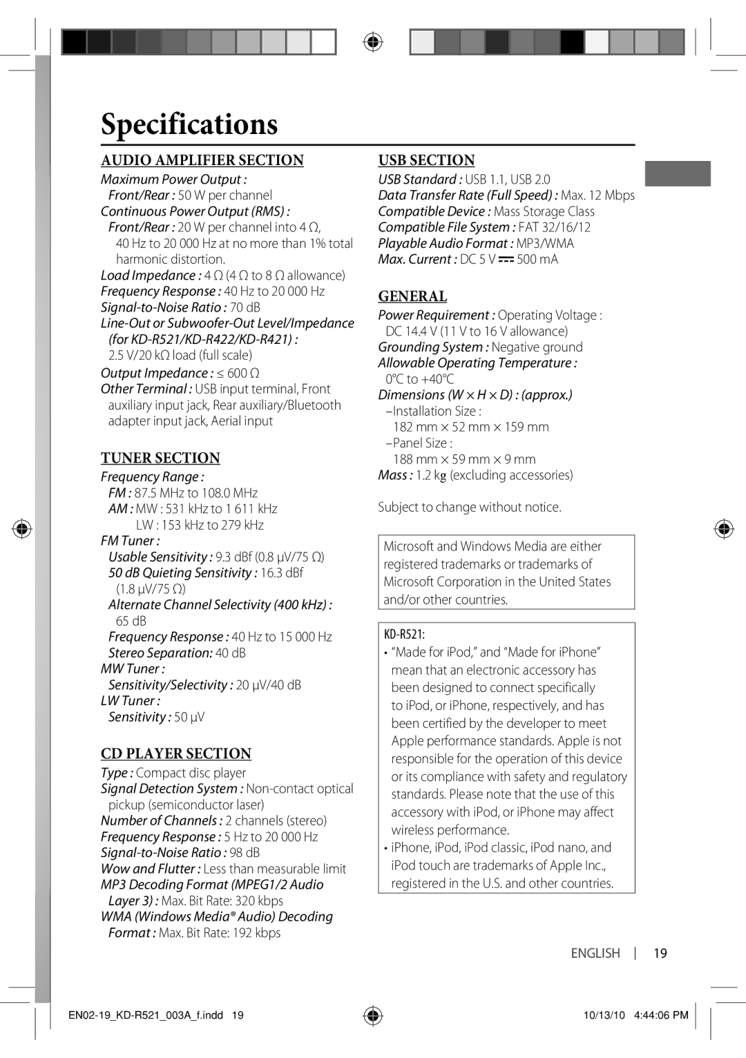 JVC KD-R45, KD-R521, KD-R421, KD-R422 manual Specifications 