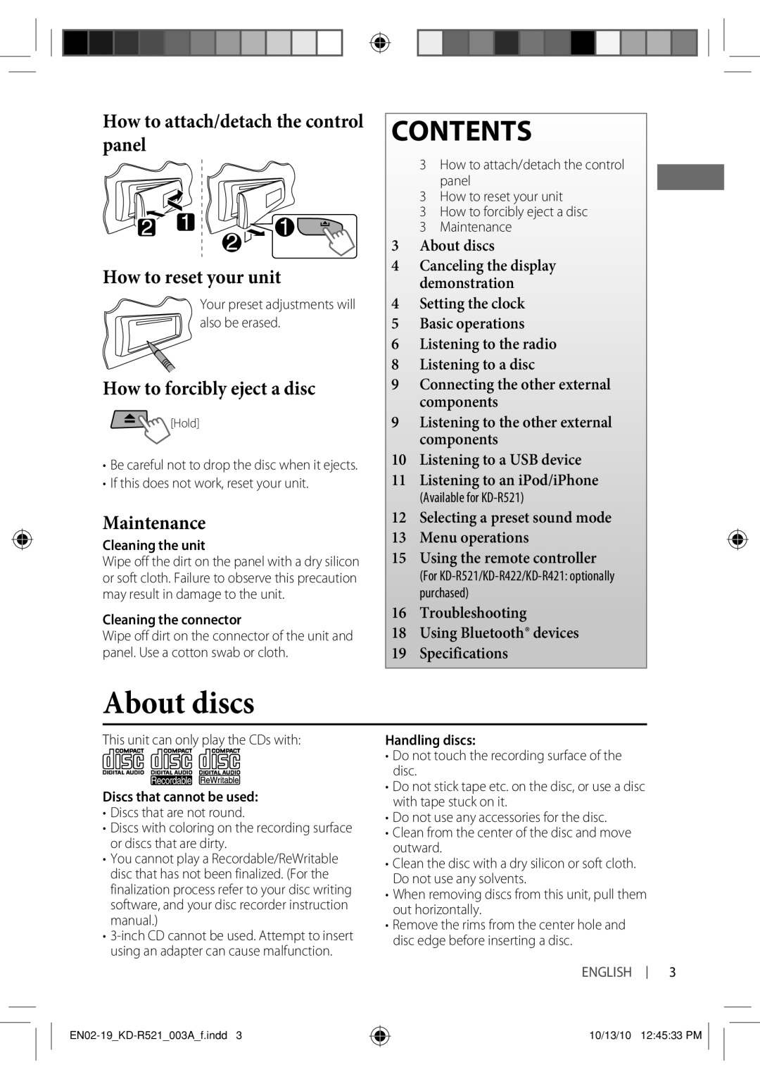 JVC KD-R45, KD-R521, KD-R421, KD-R422 manual About discs, Contents 