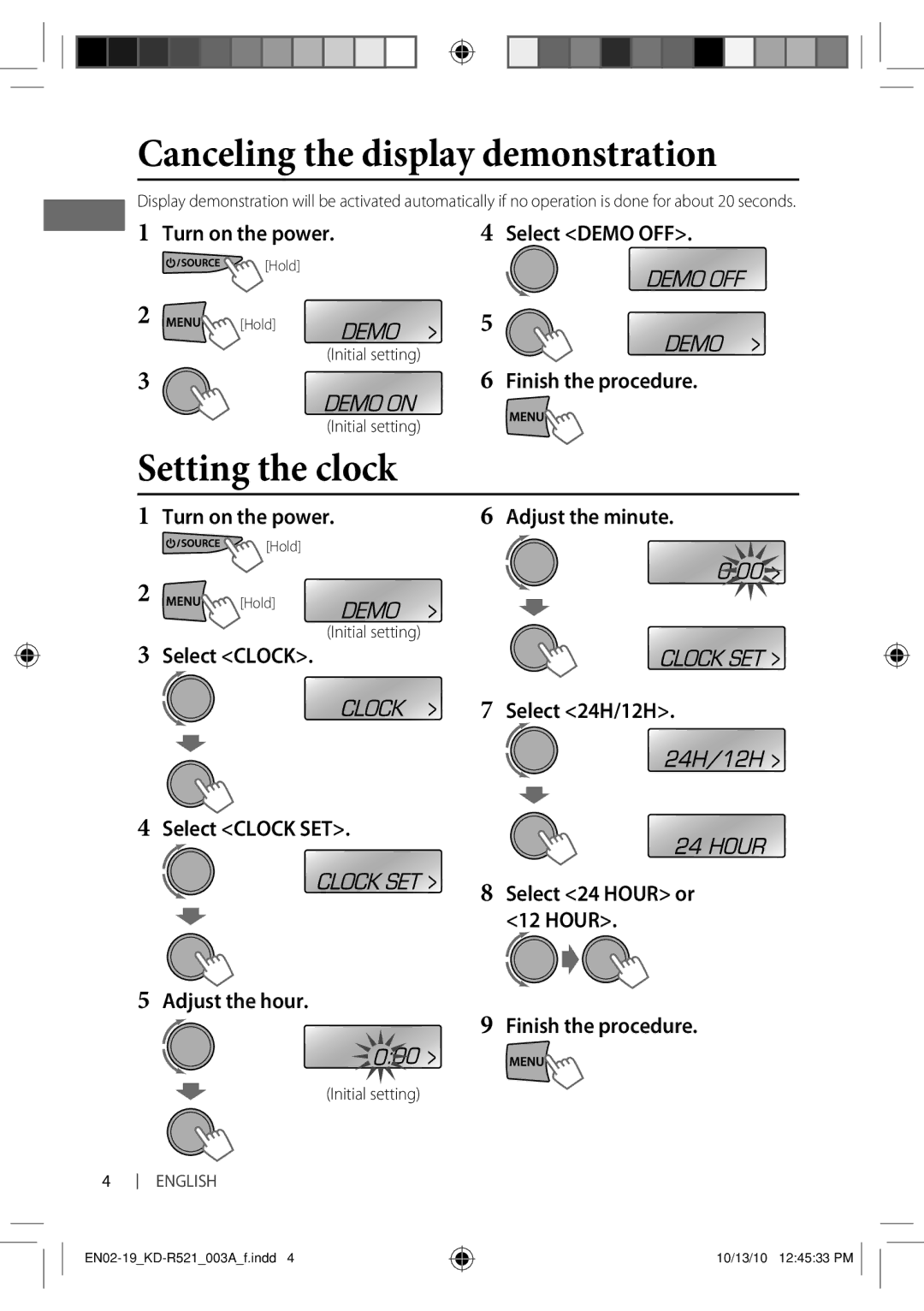 JVC KD-R521, KD-R421, KD-R422, KD-R45 manual Canceling the display demonstration, Setting the clock, Initial setting 