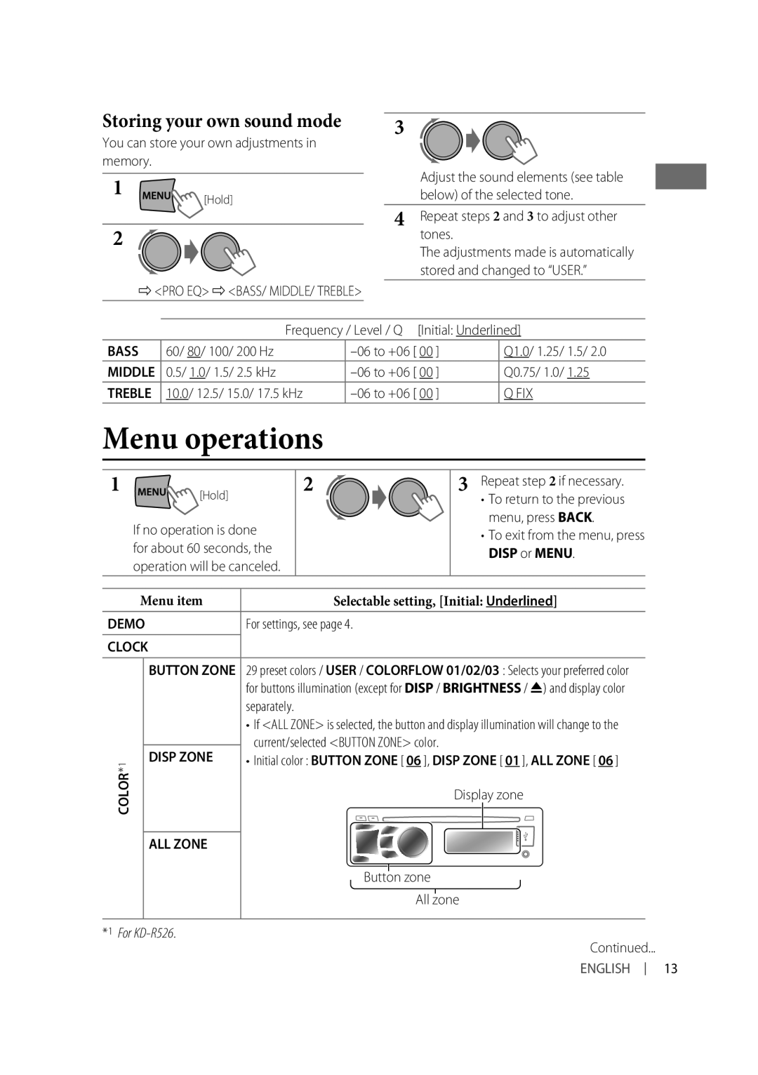 JVC KD-R426, KD-R526 manual Menu operations, Storing your own sound mode 