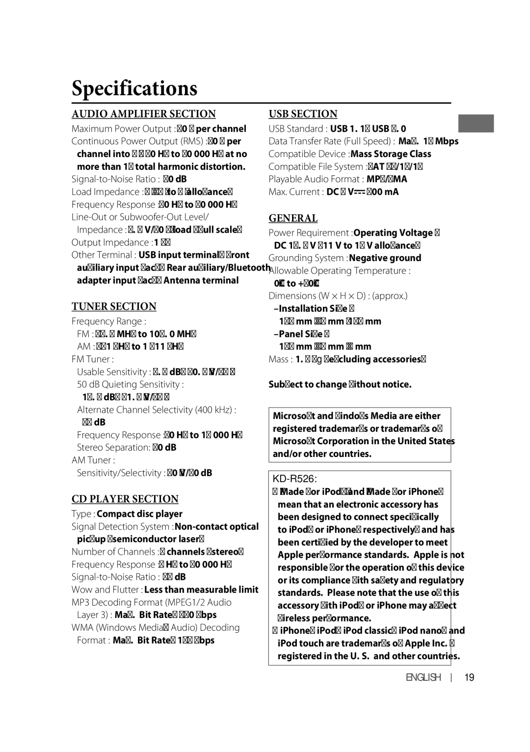 JVC KD-R426, KD-R526 manual Specifications 