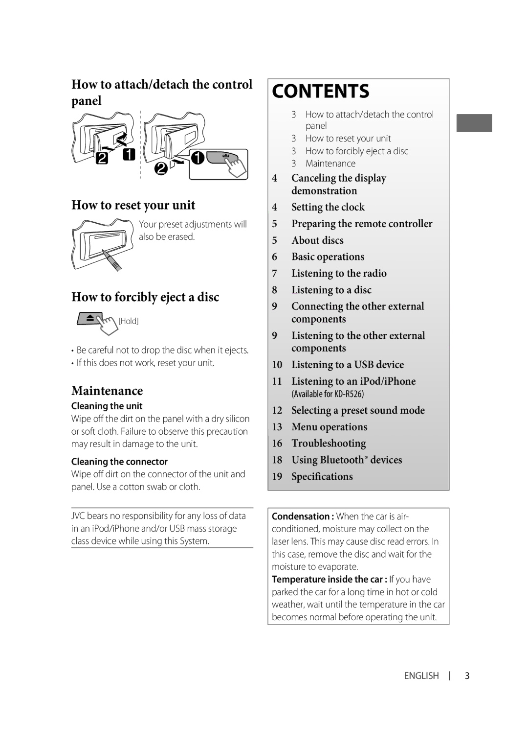 JVC KD-R426, KD-R526 manual Contents 