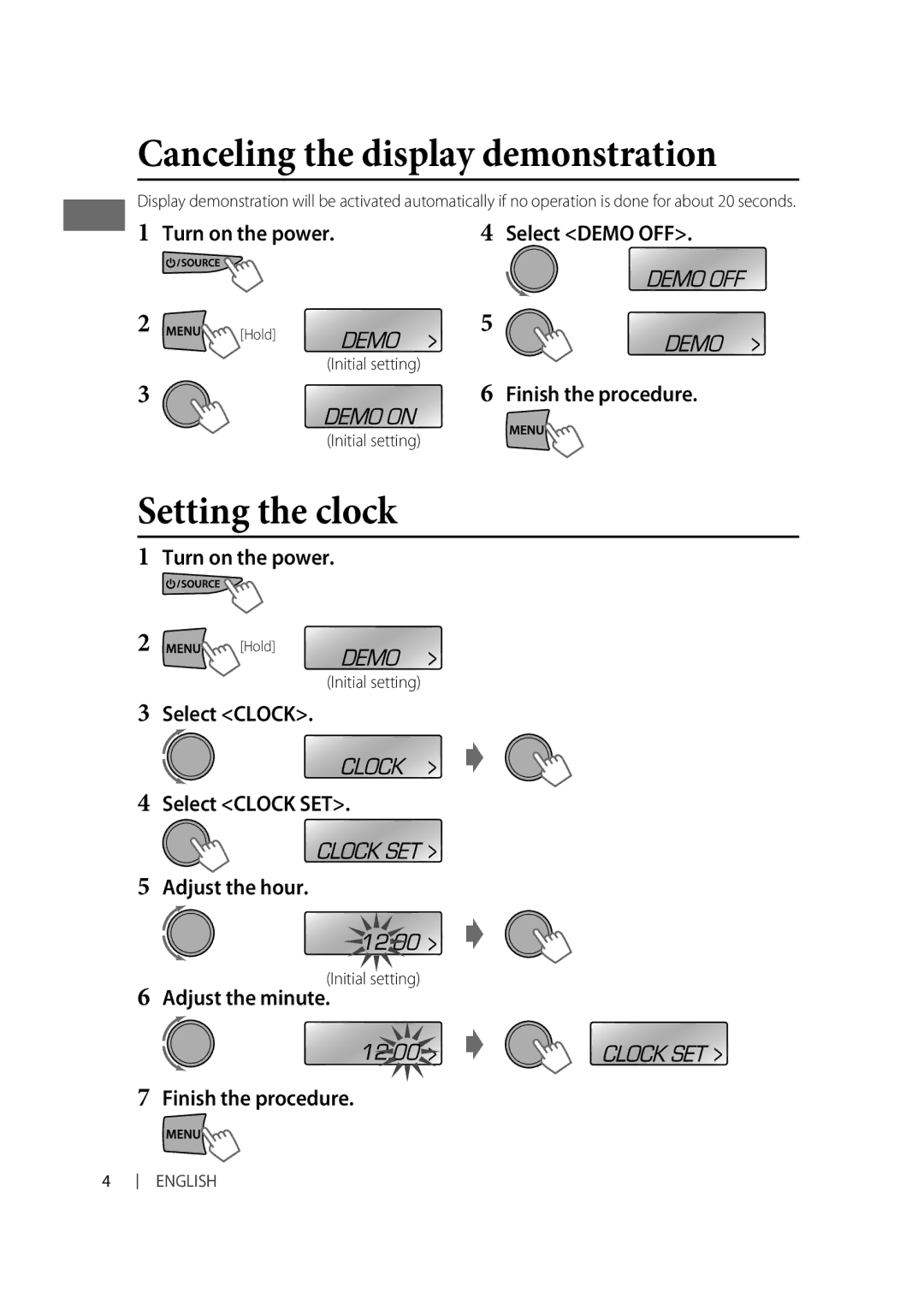 JVC KD-R526, KD-R426 manual Canceling the display demonstration, Setting the clock, Initial setting 