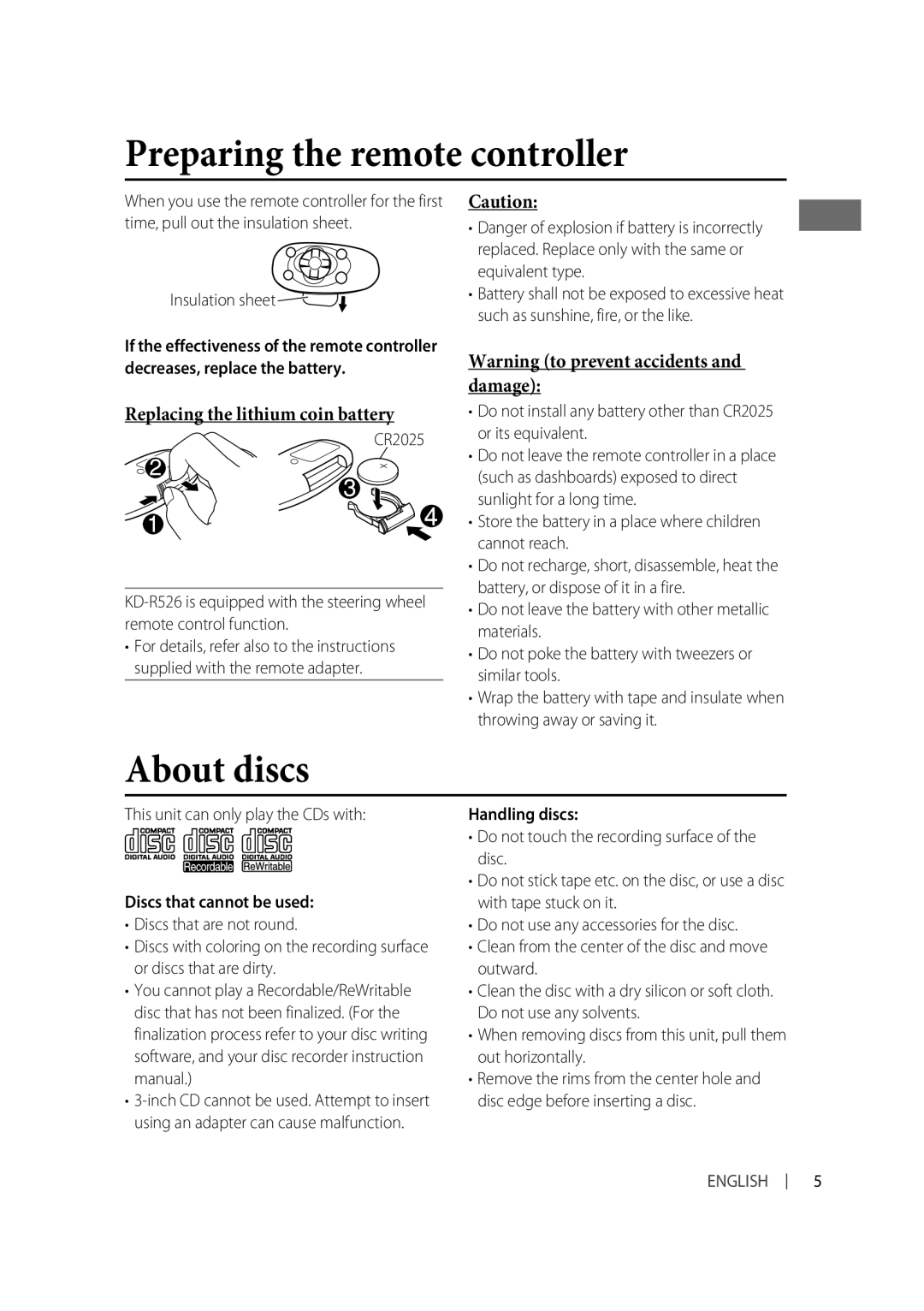 JVC KD-R426, KD-R526 manual Preparing the remote controller, About discs, Discs that cannot be used, Handling discs 