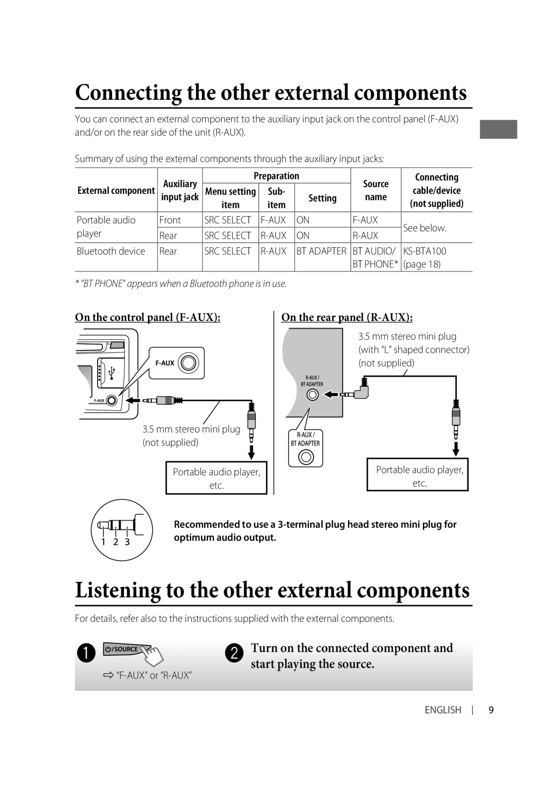 JVC KD-R426, KD-R526 Connecting the other external components, Listening to the other external components, Preparation 