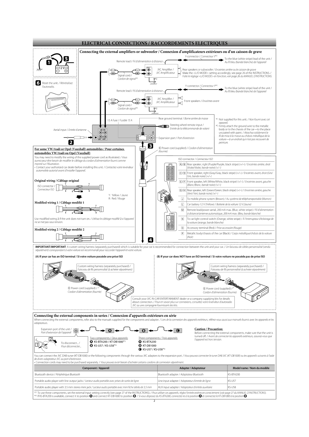 JVC KD-R618 Original wiring / Câblage original, Modified wiring 1 / Câblage modifié, Modified wiring 2 / Câblage modifié 