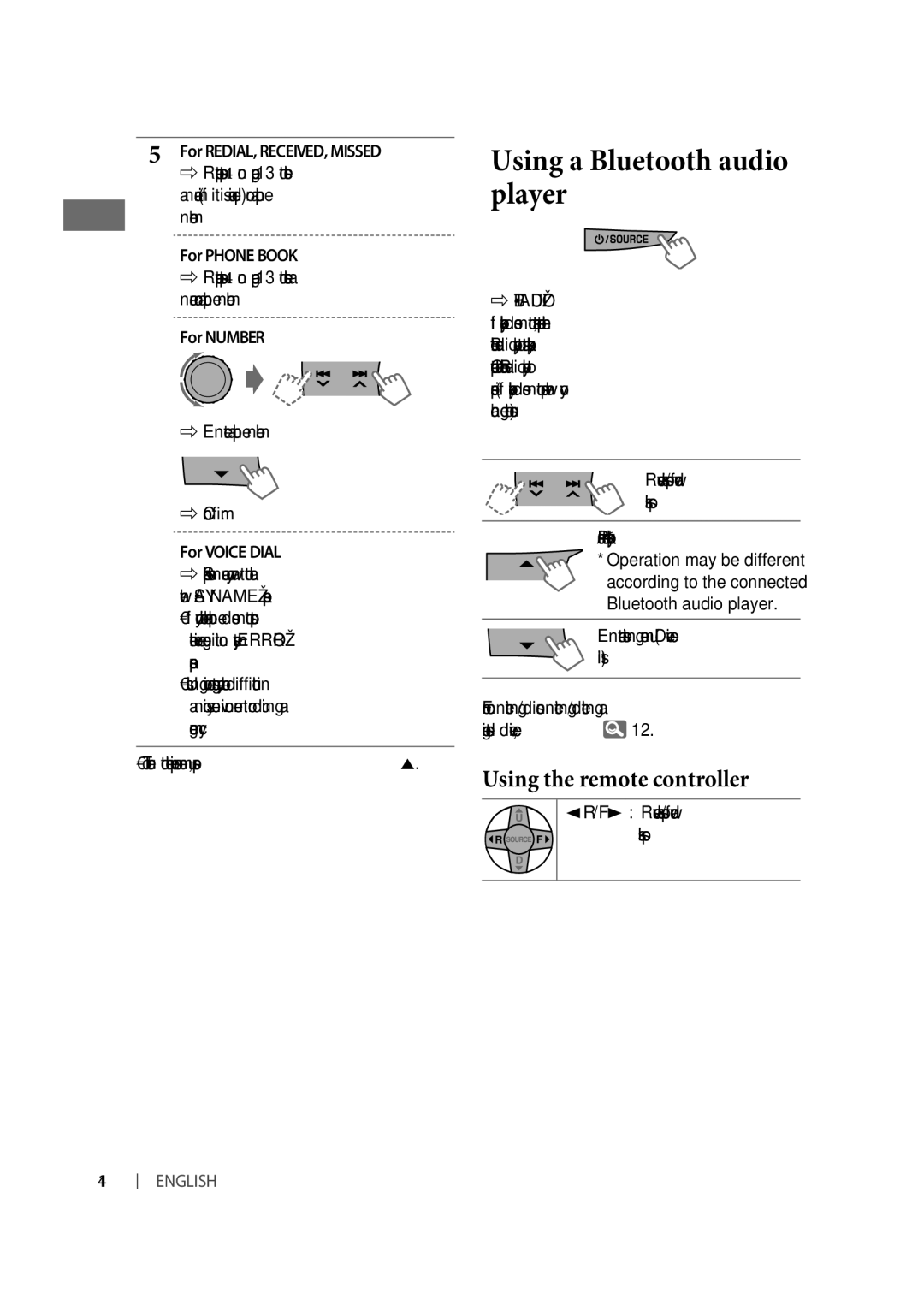 JVC KD-R618, KD-R610, KD-A615 manual For REDIAL, RECEIVED, Missed, For Phone Book, For Number, For Voice Dial, Bt-Audio 