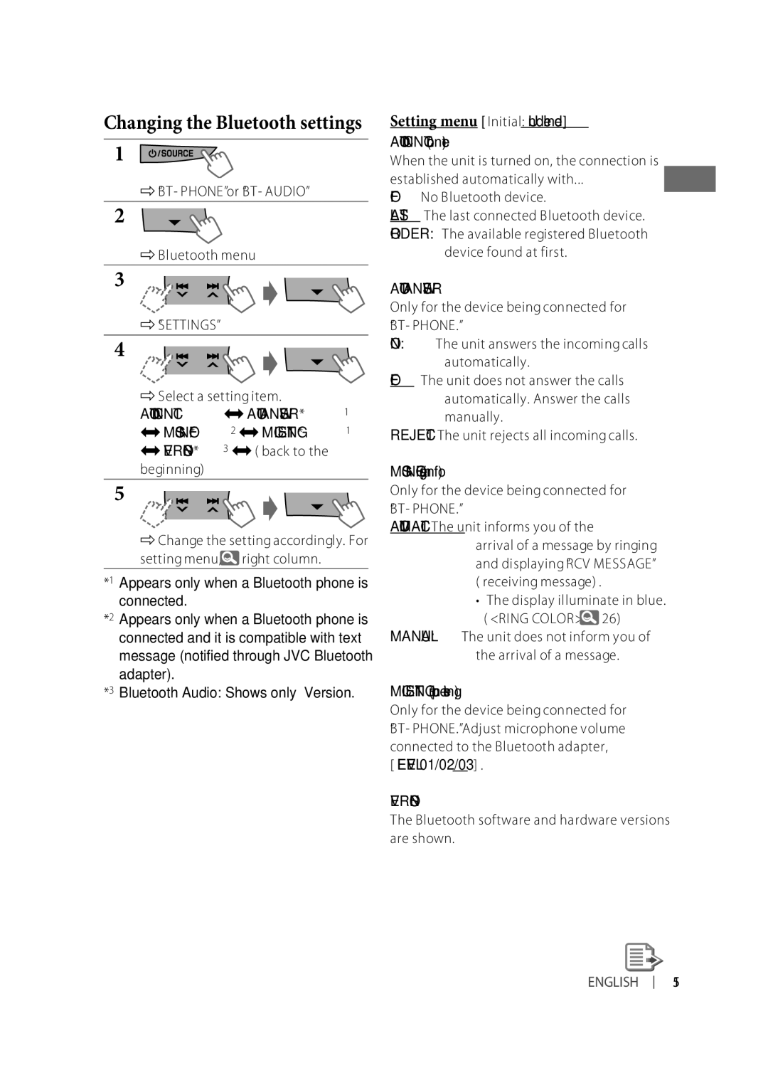 JVC KD-R610, KD-A615, KD-R618 manual Setting menu Initial Underlined, Auto Answer, Version 