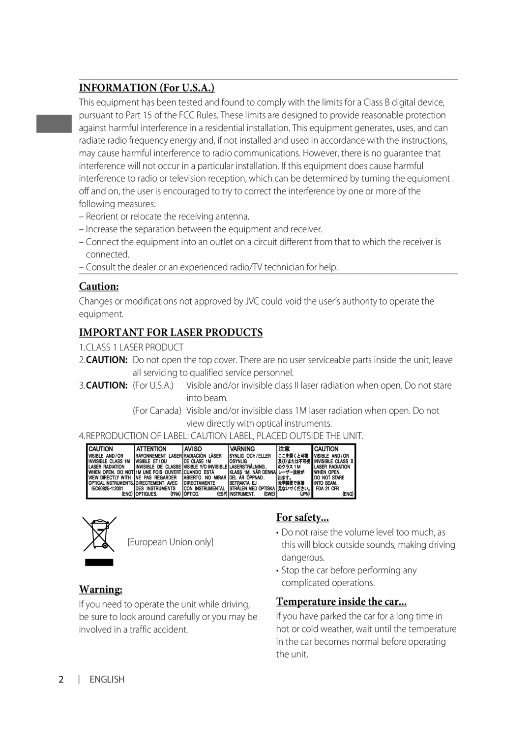 JVC KD-R618, KD-R610, KD-A615 manual Information For U.S.A, For safety, Temperature inside the car, Class 1 Laser Product 