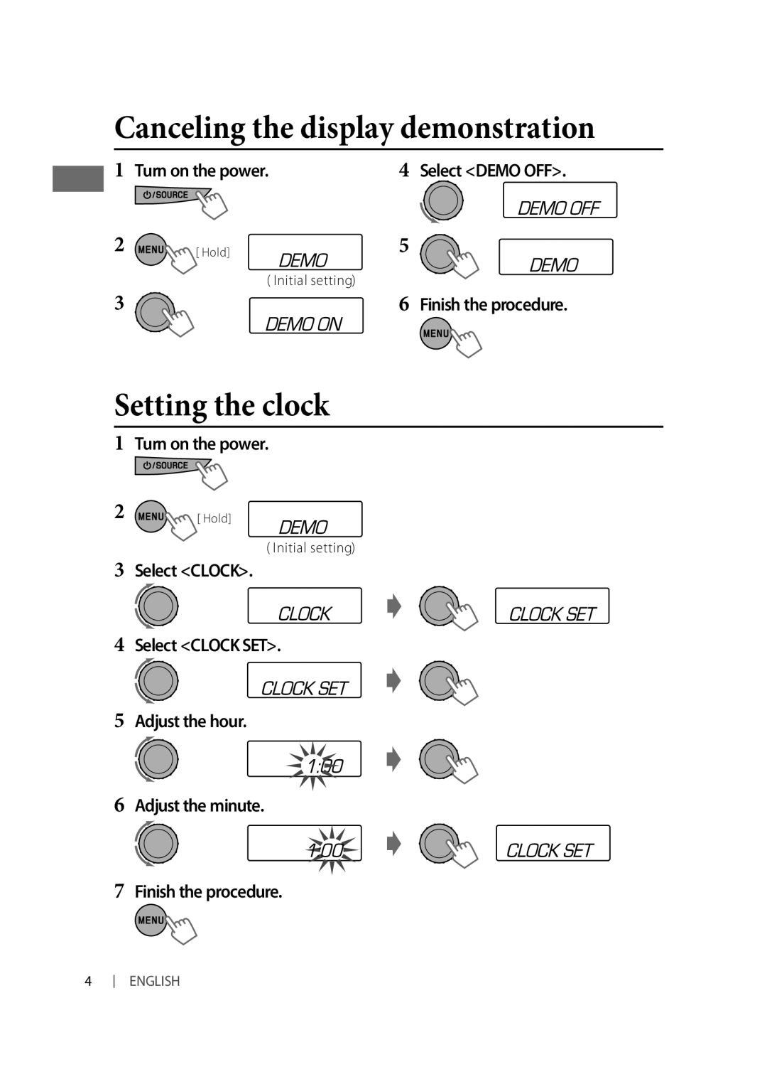 JVC KD-A615, KD-R610, KD-R618 manual Canceling the display demonstration, Setting the clock, Initial setting 