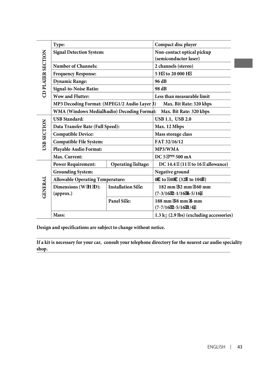 JVC KD-A615 Type Compact disc player, Non-contact optical pickup, Semiconductor laser, Max. Bit Rate 320 kbps, 500 mA 