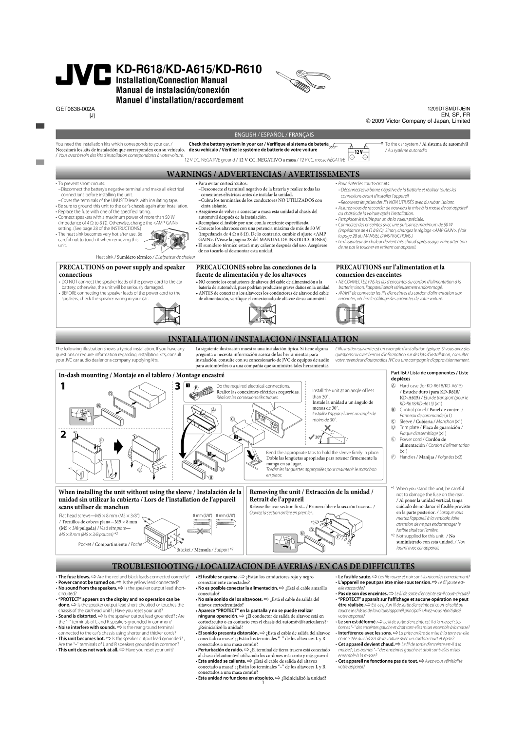 JVC KD-R618, KD-R610, KD-A615 manual Precautions on power supply and speaker connections 