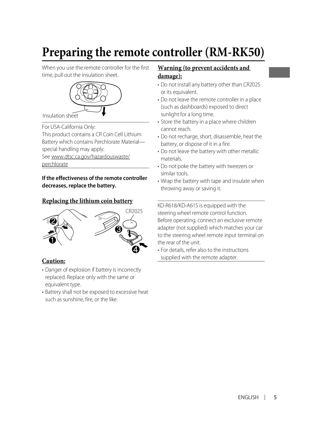 JVC KD-R618, KD-R610, KD-A615 manual Replacing the lithium coin battery, Insulation sheet For USA-California Only, CR2025 