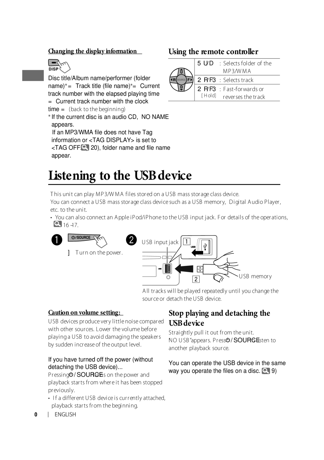 JVC KD-A615, KD-R610, KD-R618 manual Listening to the USB device 