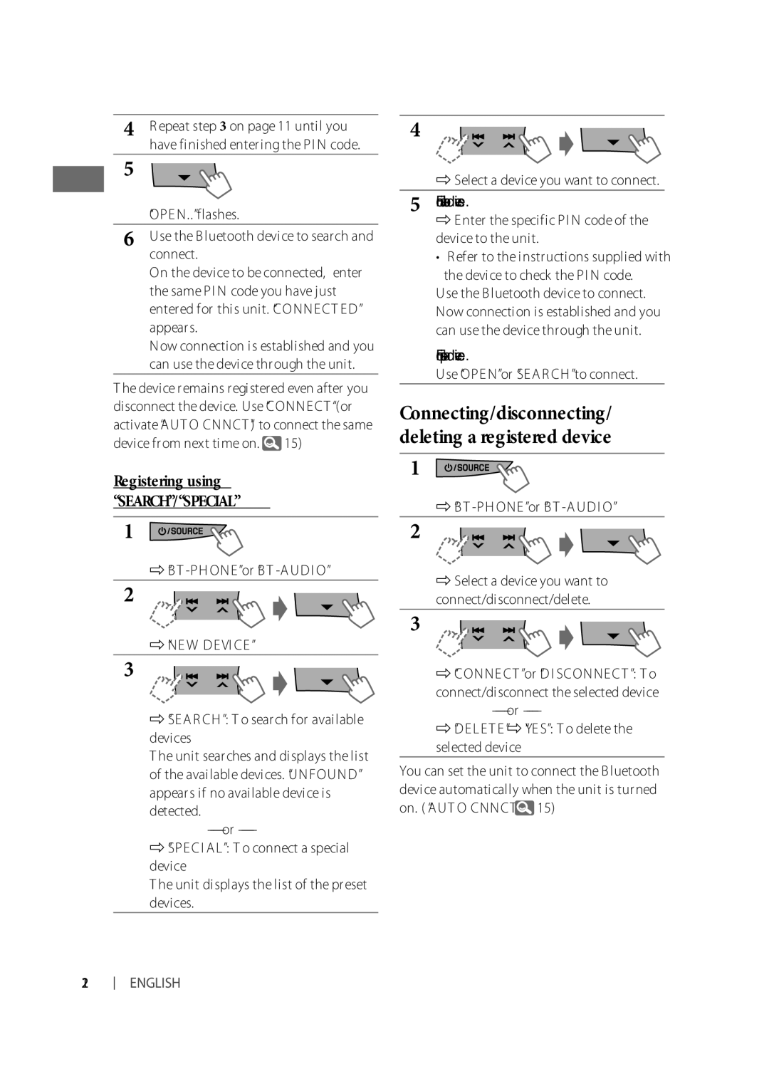 JVC KD-R610, KD-A615, KD-R618 manual Connecting/disconnecting/ deleting a registered device 