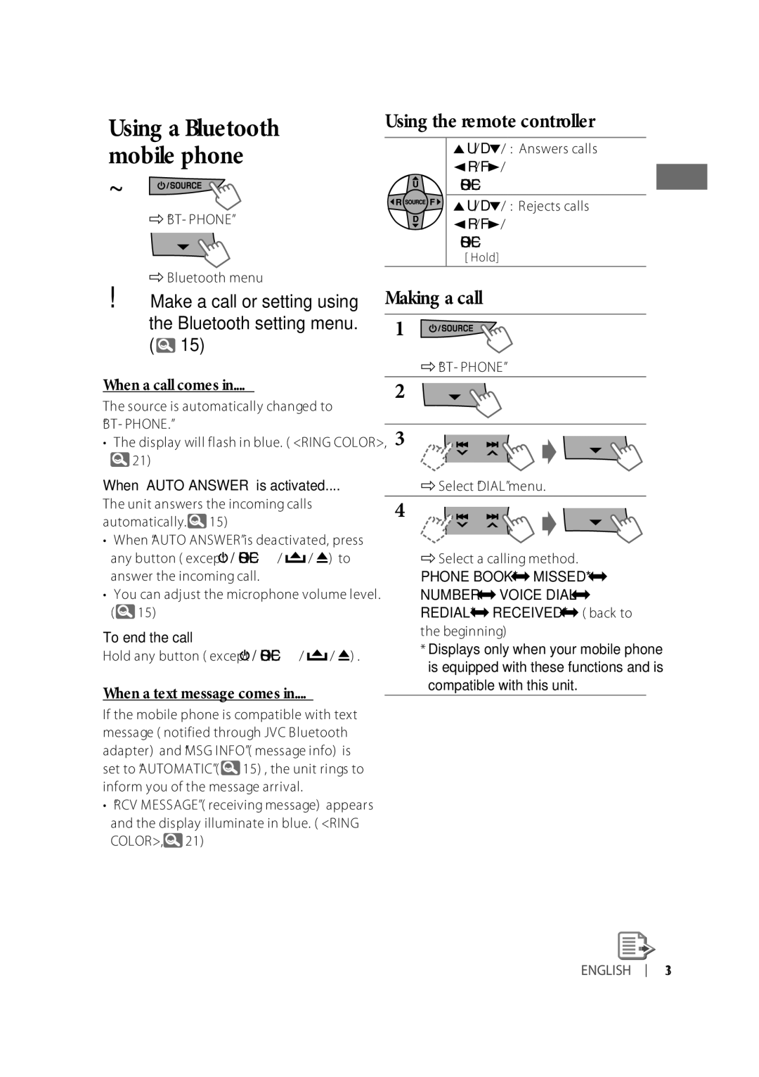 JVC KD-A615, KD-R610, KD-R618 manual Using a Bluetooth mobile phone 