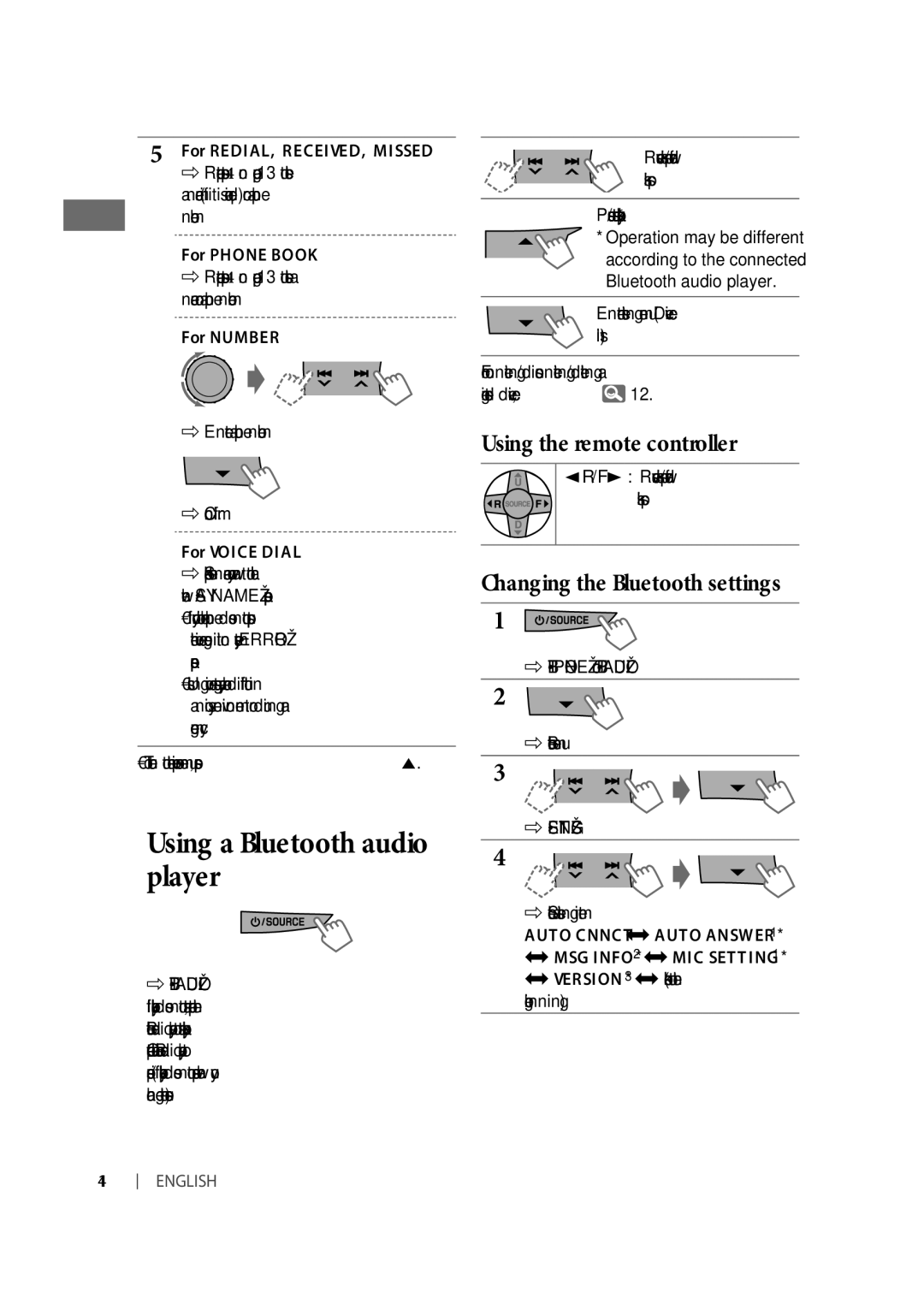 JVC KD-R618, KD-R610, KD-A615 manual Changing the Bluetooth settings, For REDIAL, RECEIVED, Missed 