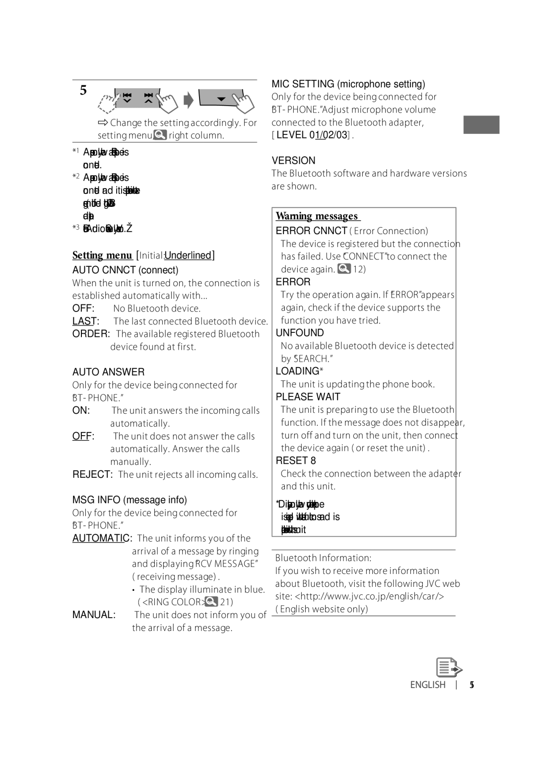 JVC KD-R610, KD-A615, KD-R618 manual Setting menu Initial Underlined, OFF No Bluetooth device 