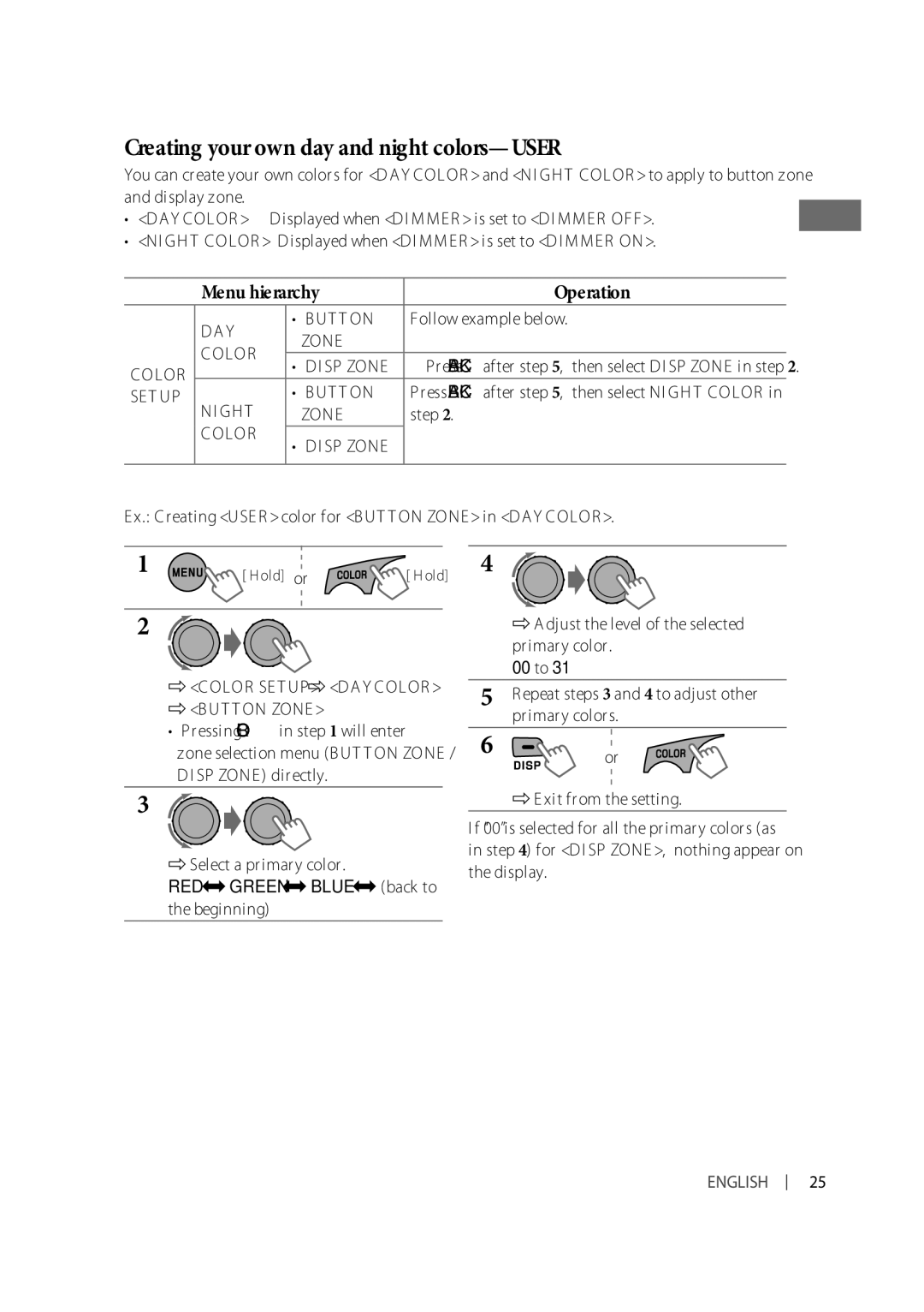 JVC KD-A615, KD-R610, KD-R618 manual Creating your own day and night colors-USER 