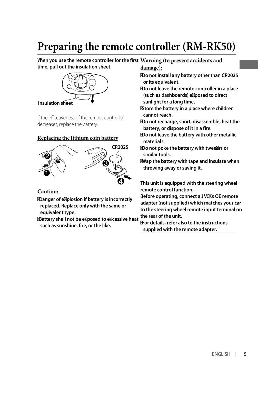 JVC KD-R610, KD-A615, KD-R618 manual Preparing the remote controller RM-RK50 